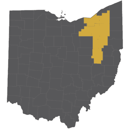 Map of Ohio with certain counties highlighted 